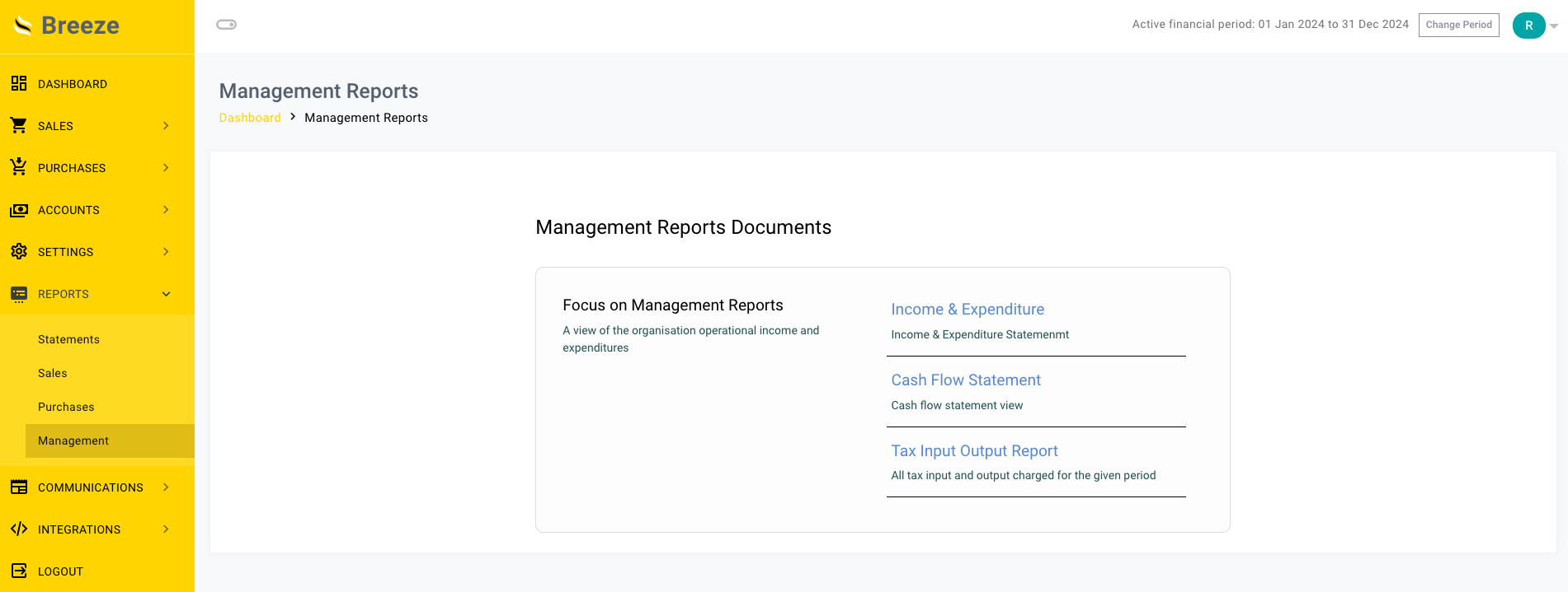 Income & Expenditure, Cashflow and Tax Input /Output Schedule View